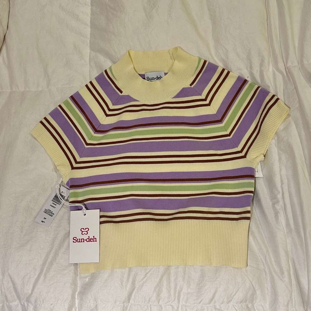 Aritzia Striped Knit Top in butter yellow, Green, and purple. Size S